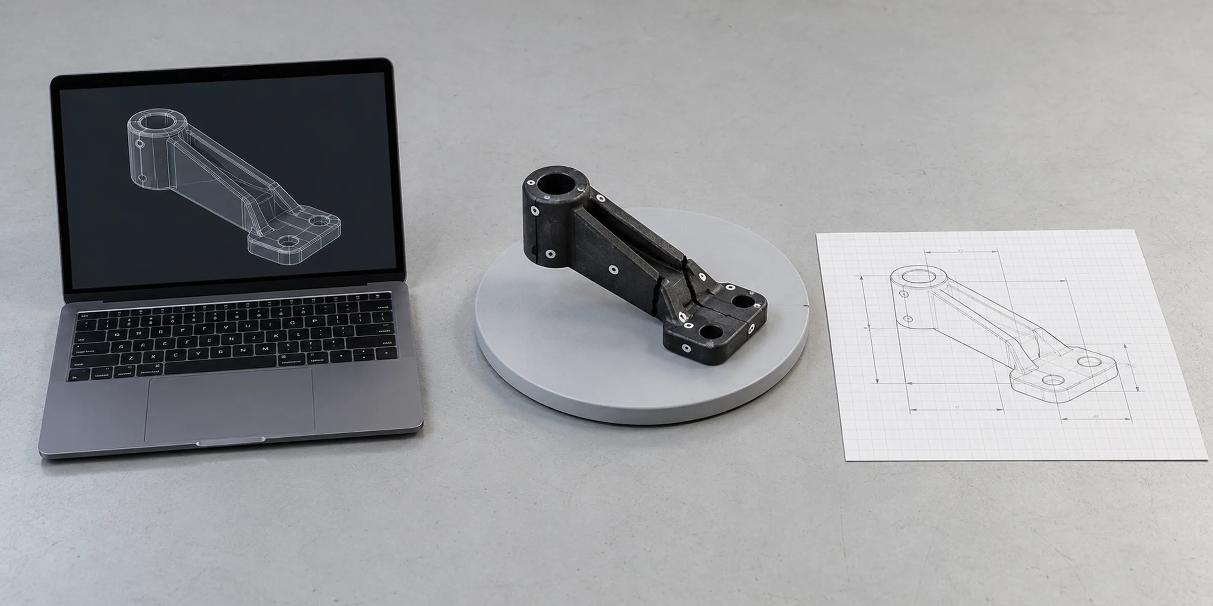 Drei Wege zur Druckdatei: CAD-Modell am Laptop, Bauteil auf dem Scan-Drehteller, Bleistiftskizze