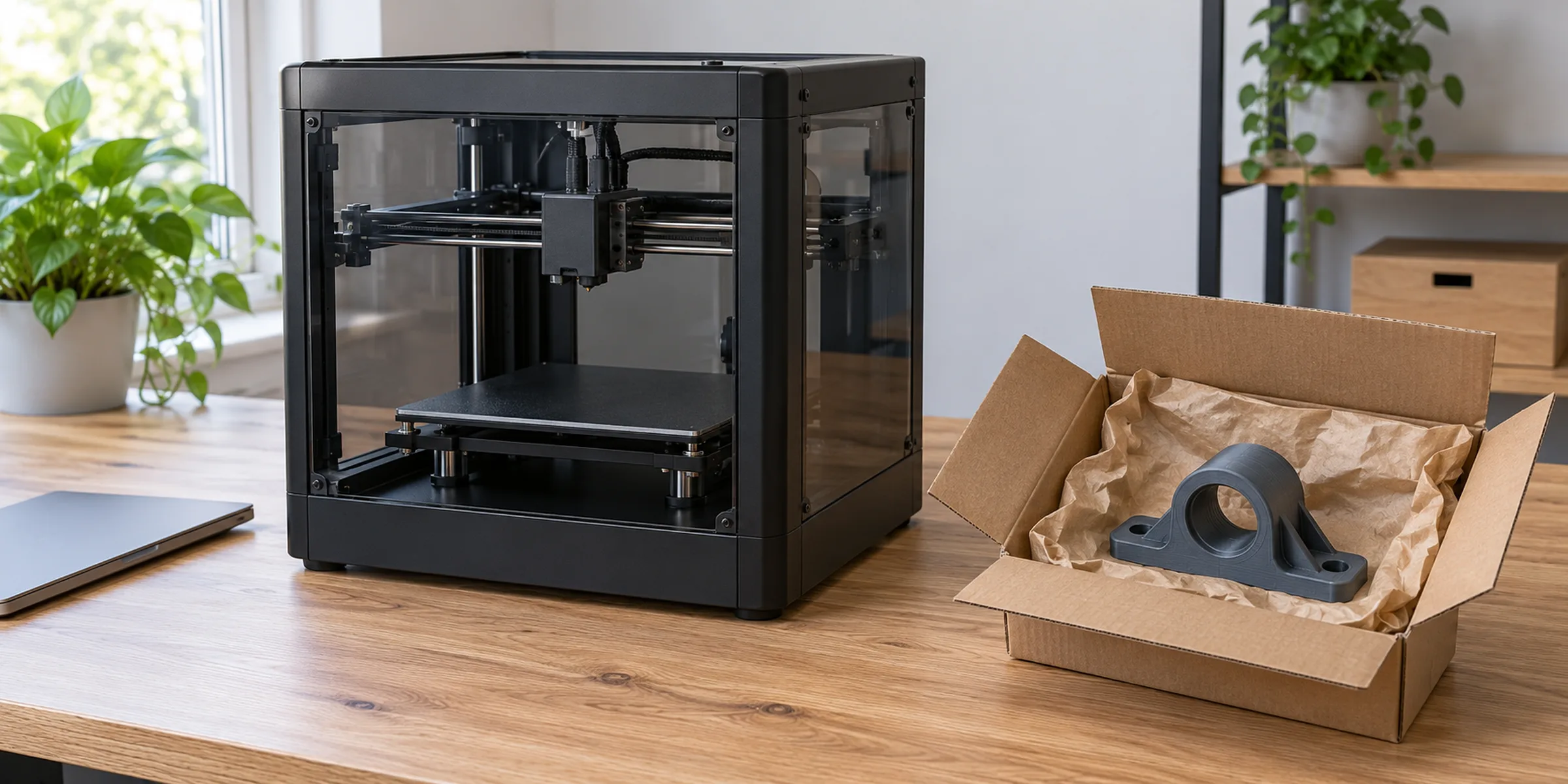 Links ein kompakter 3D-Drucker auf dem Schreibtisch, rechts ein Paket mit fertigem Bauteil