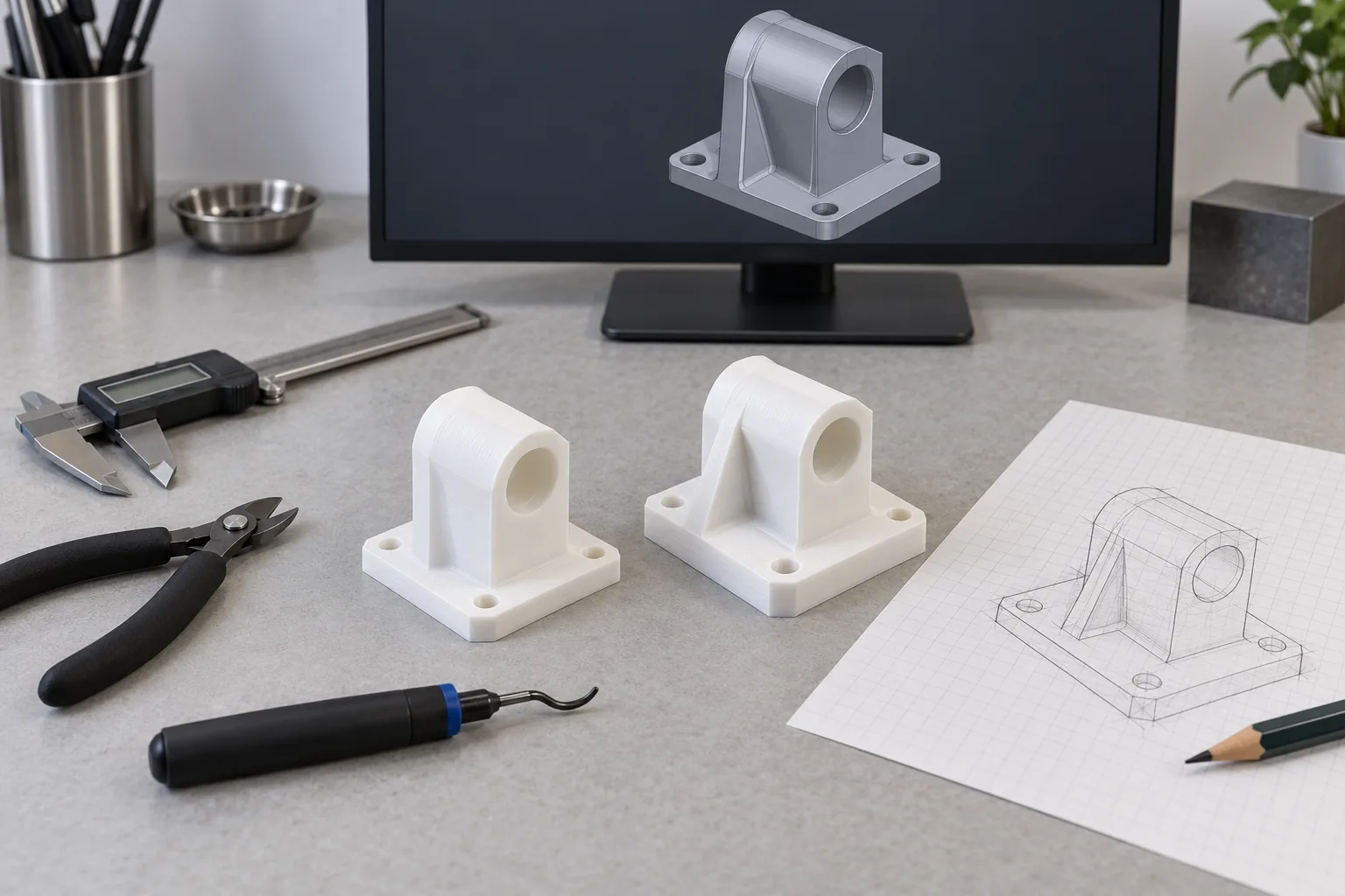 Zwei gedruckte Iterationen einer Halterung vor dem CAD-Modell am Bildschirm, daneben die Bleistiftskizze