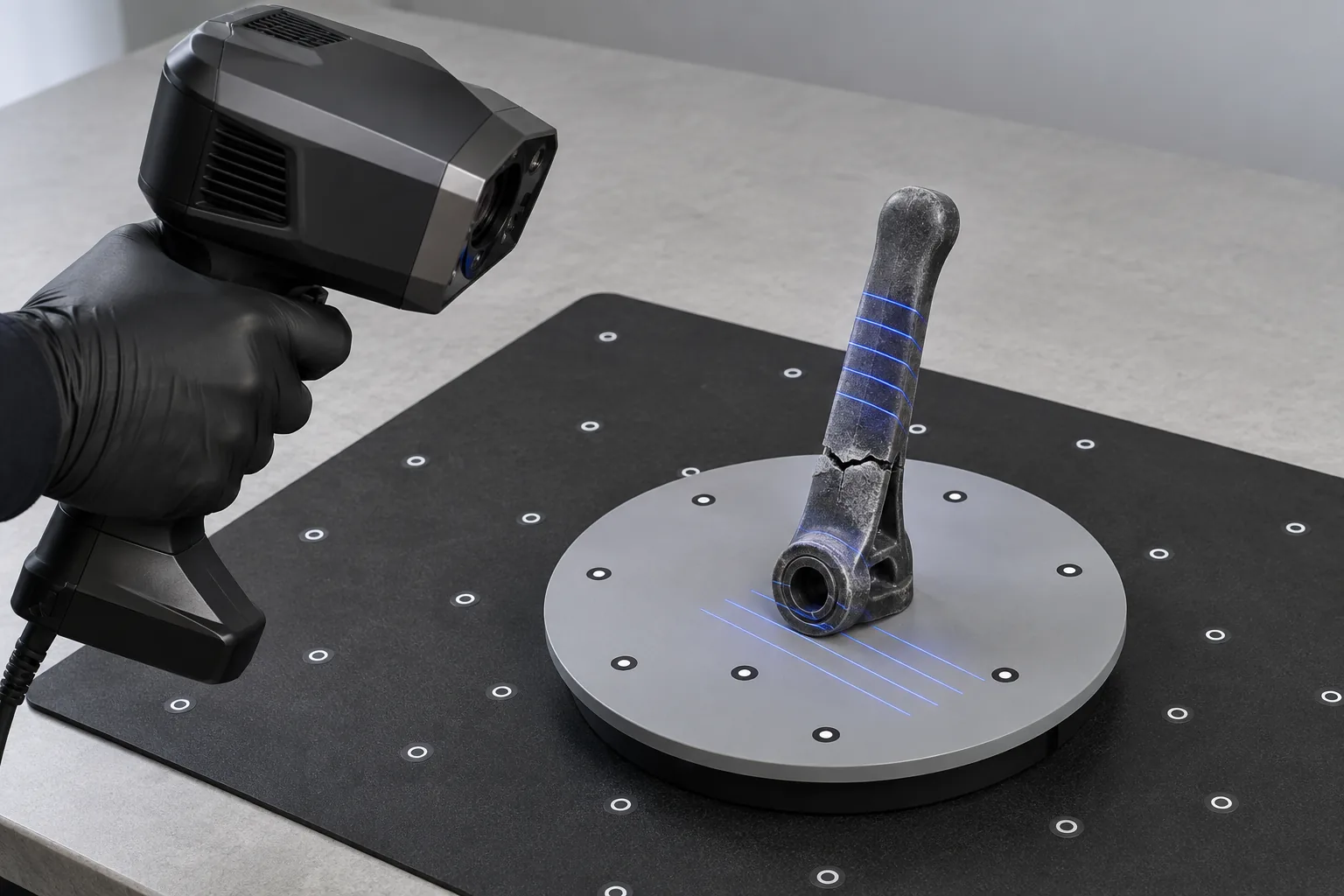 Handscanner projiziert blaue Laserlinien auf einen gerissenen Hebel auf dem Drehteller mit Messmarken