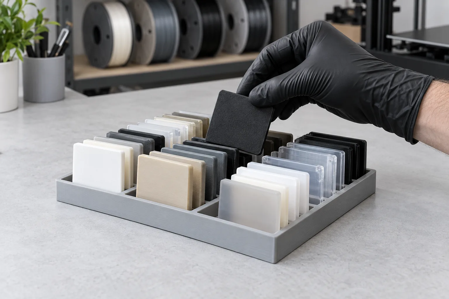 Gedruckte Materialmuster aus verschiedenen Kunststoffen in einer Sortierschale, eine Hand nimmt das Carbon-Nylon-Muster heraus