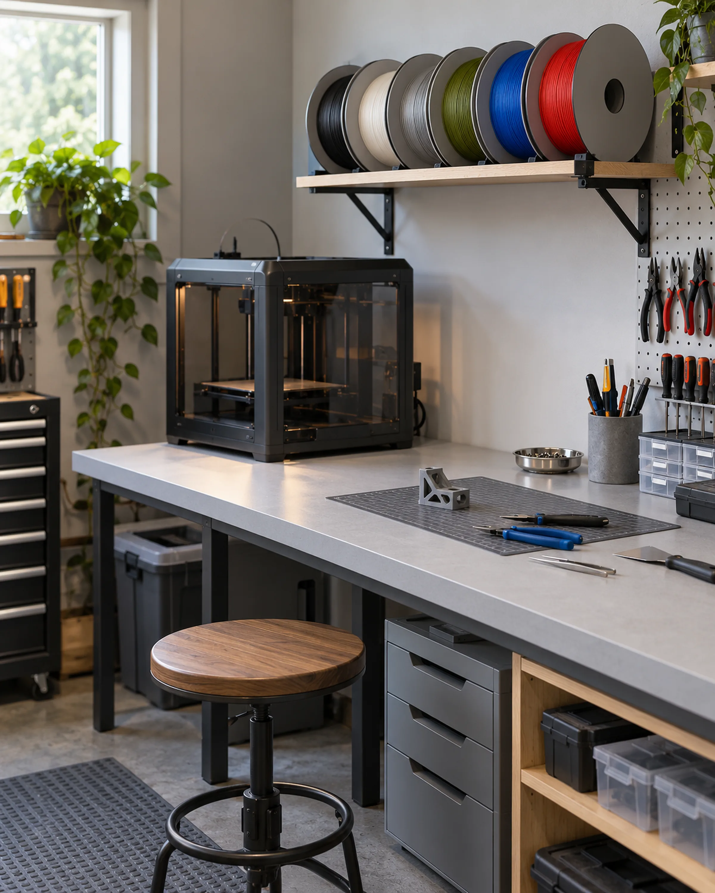 Aufgeräumte Werkstattecke mit Filamentspulen, Werkbank und geschlossenem 3D-Drucker