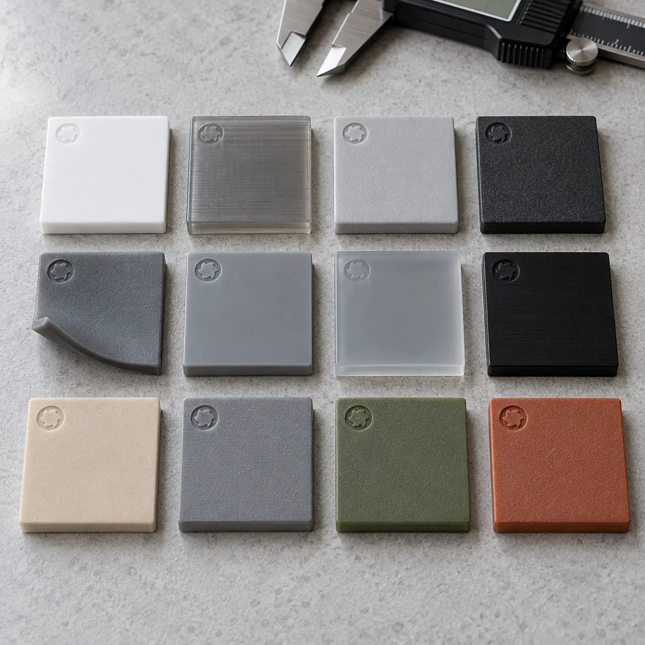 Zwölf gedruckte Materialmuster aus PLA, PETG, ASA, Carbon-Nylon, TPU und Harz auf einer Werkbank