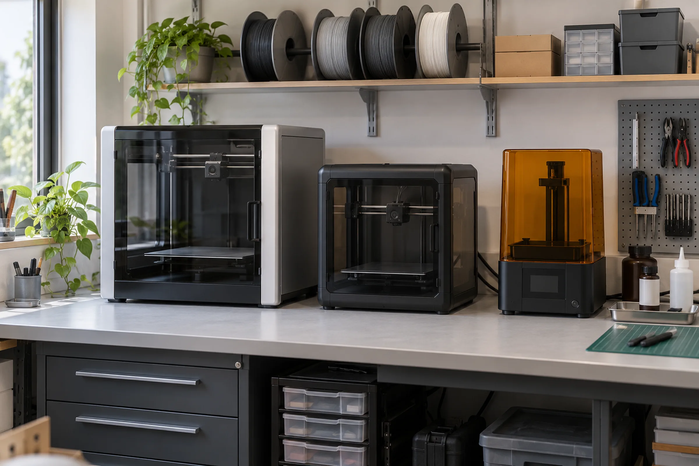 Werkbank mit drei 3D-Druckern, Filamentspulen und Werkzeugwand