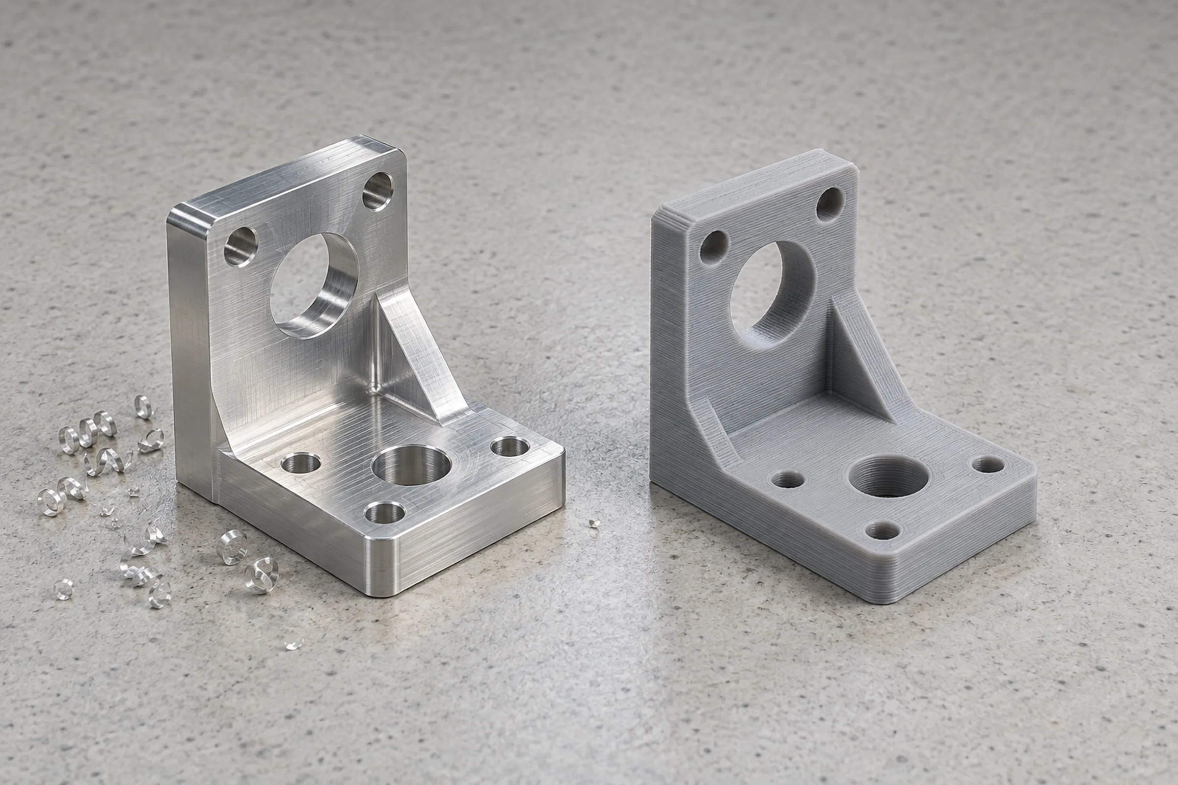 Gefräster Aluminiumwinkel mit Spänen neben demselben Winkel aus dem 3D-Drucker
