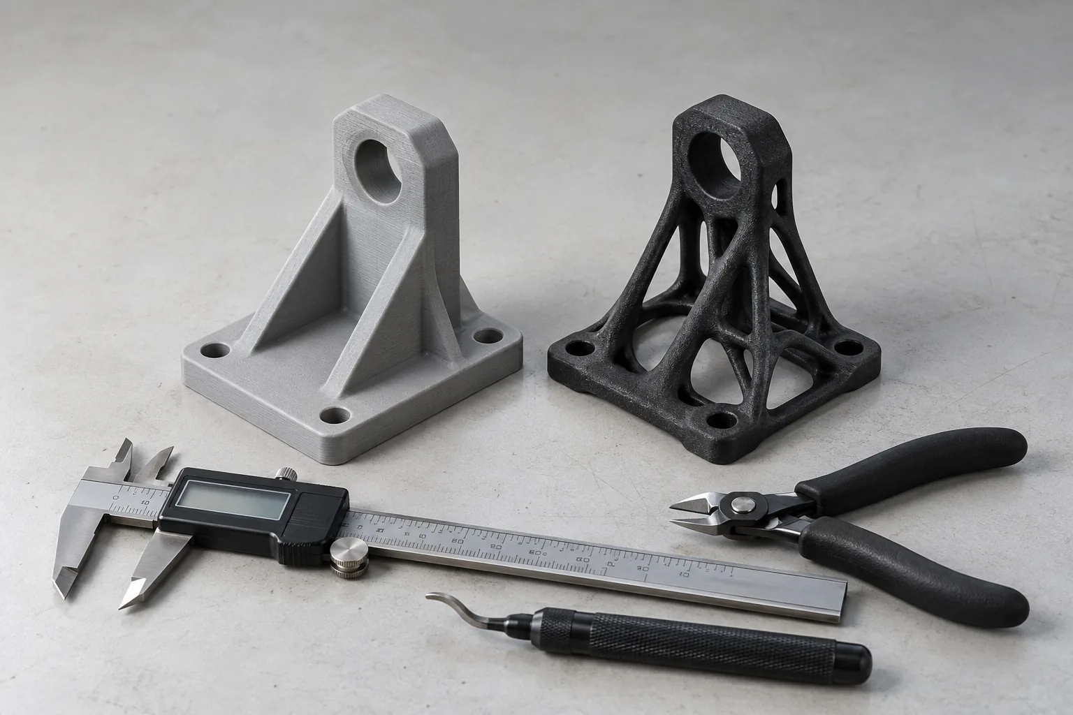 Klassische graue Halterung neben einer topologieoptimierten Halterung aus schwarzem Carbon-Nylon